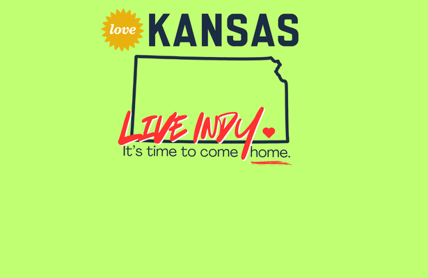Love Kansas. Live Indy. It’s time to come home. Graphic with Kansas outline on green background.