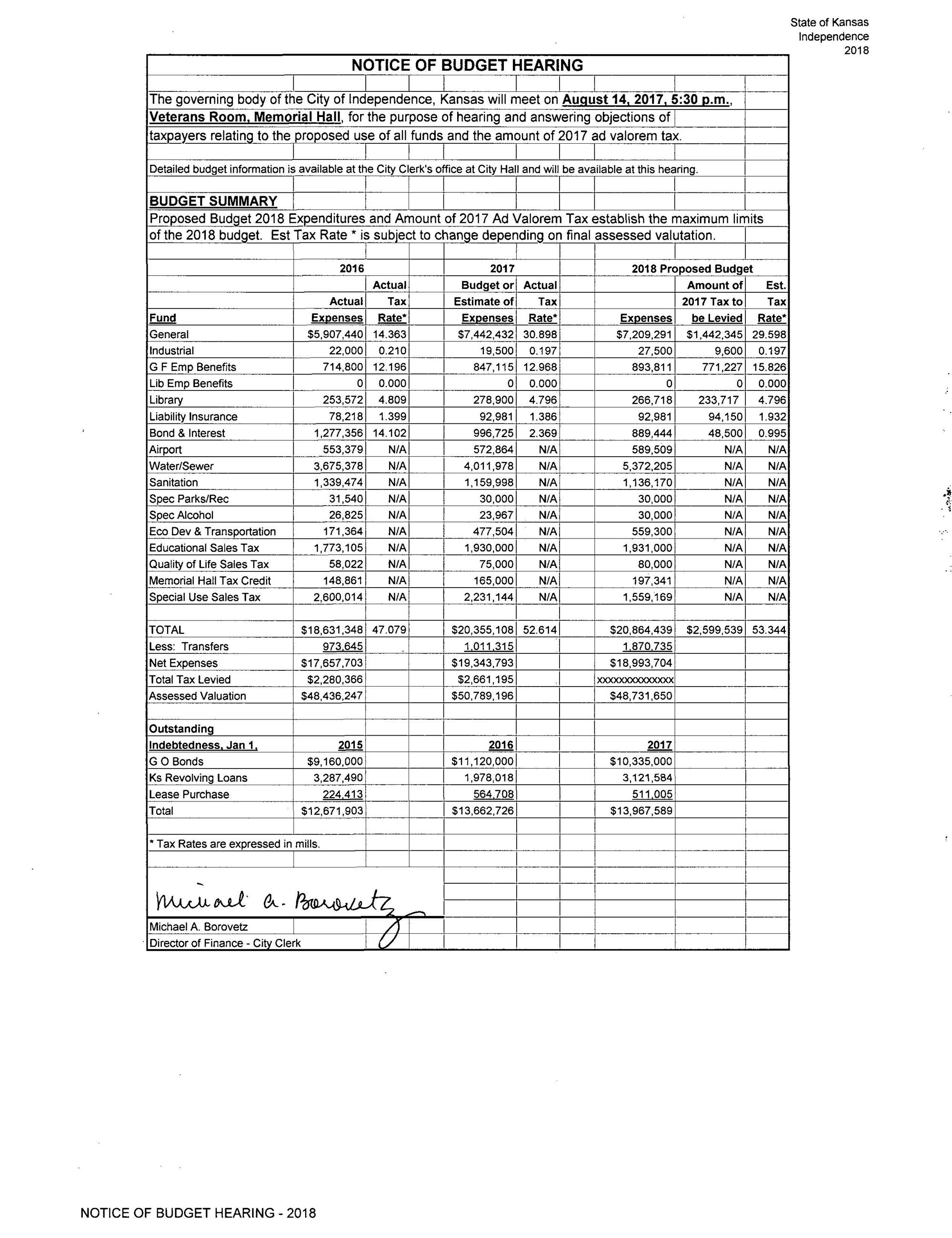 NOTICE OF BUDGET HEARING - 2018